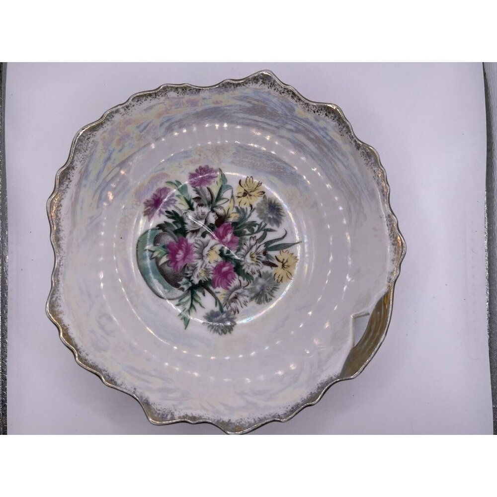 Vintage Trimont Ware Japan Lusterware Iridescent Bowl Gold Rim Floral Center 7"